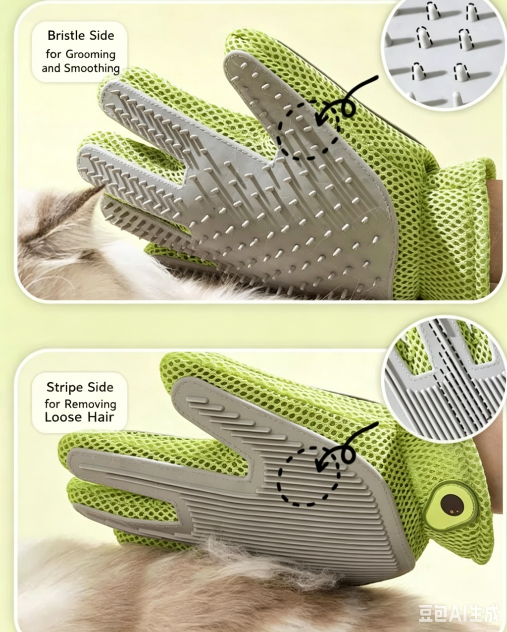Pet Grooming Glove, Silicone Hair Remover Brush for Cats & Dogs, Gentle Massage Deshedding Mitt for Bathing, Effective Capture Loose Fur Cleaning Tool