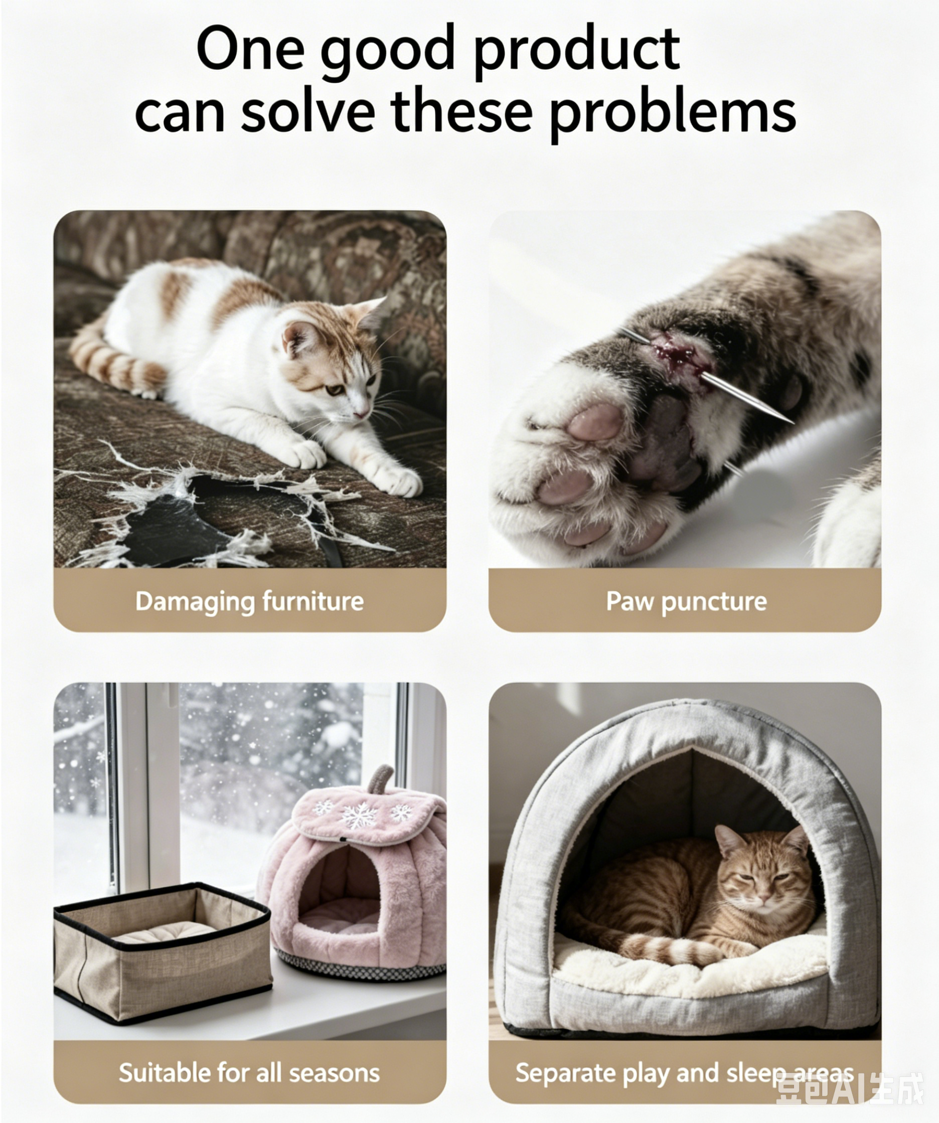 2-in-1 Solid Wood Cat House & Sisal Scratcher, Large Wear Resistant All-Season Cat Bed Toy