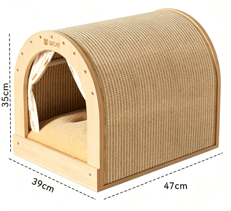 2-in-1 Solid Wood Cat House & Sisal Scratcher, Large Wear Resistant All-Season Cat Bed Toy