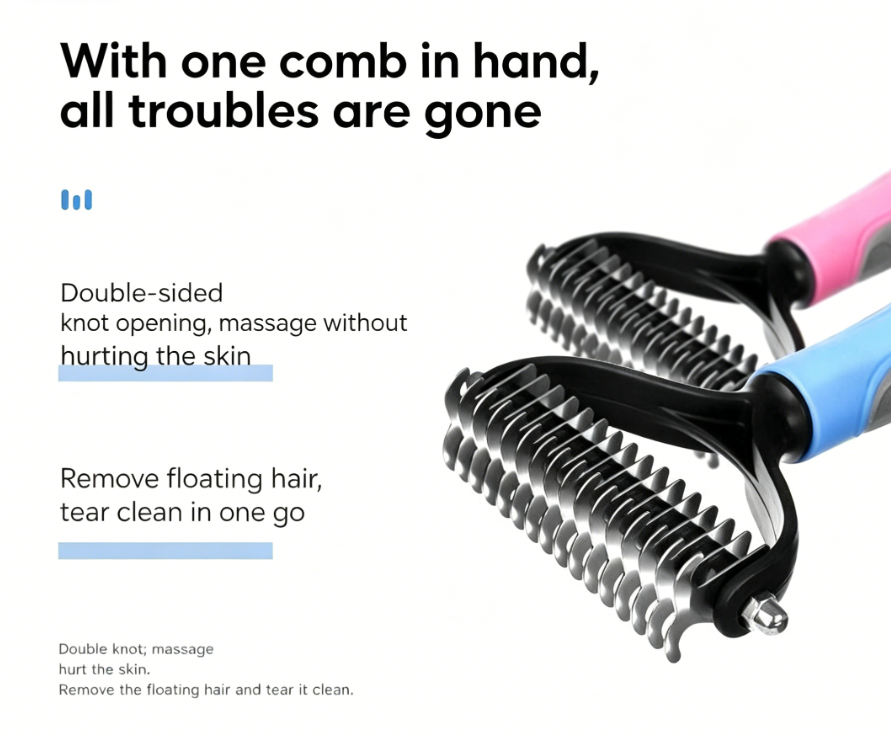 Double-Sided Pet Dematting Comb for Dogs Cats, Professional Undercoat Rake Deshedding Brush, Mat Remover Grooming Tool for Medium Long Thick Curly Hair, Safe & Gentle No Skin Hurt, Non-Slip Grip