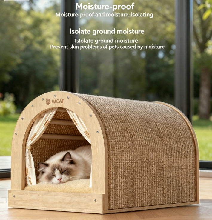 2-in-1 Solid Wood Cat House & Sisal Scratcher, Large Wear Resistant All-Season Cat Bed Toy