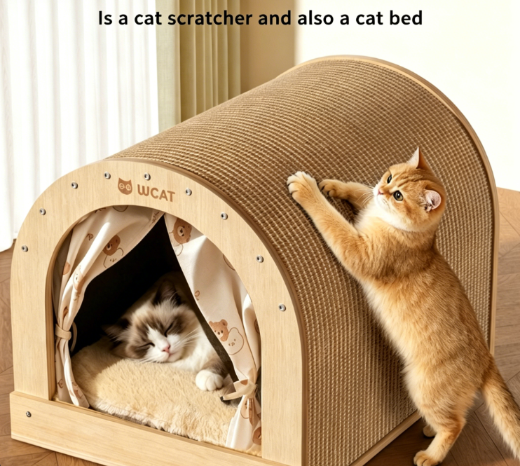 2-in-1 Solid Wood Cat House & Sisal Scratcher, Large Wear Resistant All-Season Cat Bed Toy