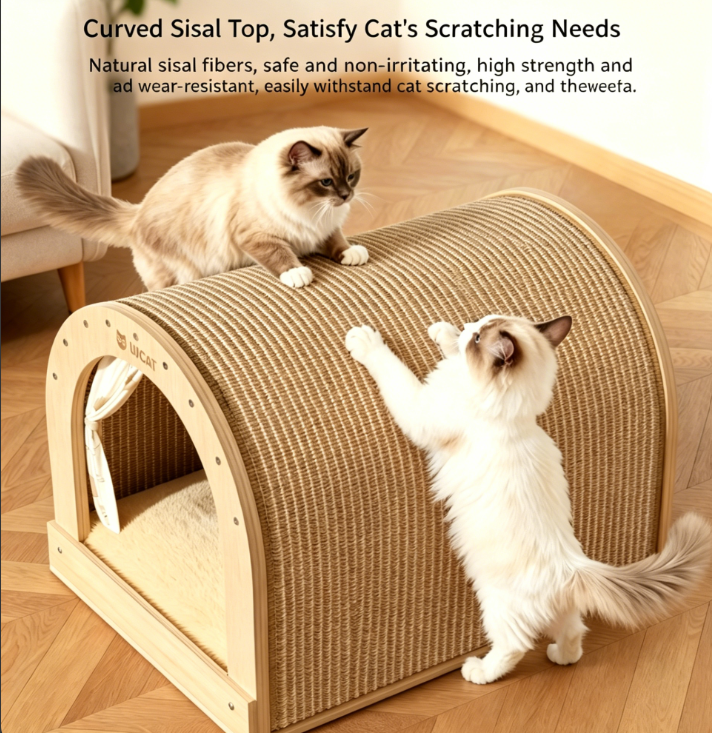 2-in-1 Solid Wood Cat House & Sisal Scratcher, Large Wear Resistant All-Season Cat Bed Toy