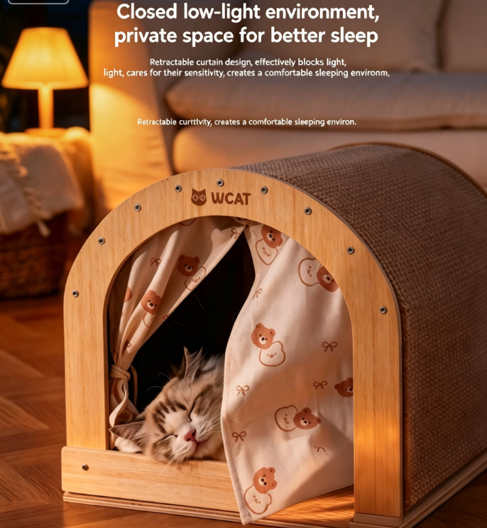 2-in-1 Solid Wood Cat House & Sisal Scratcher, Large Wear Resistant All-Season Cat Bed Toy